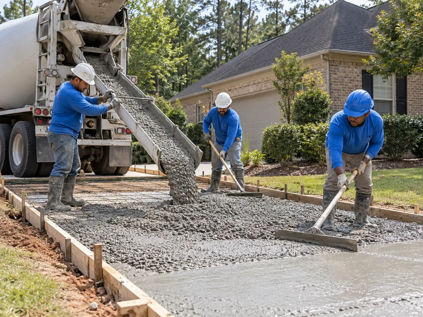 Concrete crew pouring and leveling a new residential slab